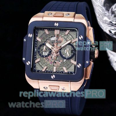 Copy Hublot Square Bang Unico Chronographl 50 mm Watches Rose Gold Blue Bezel